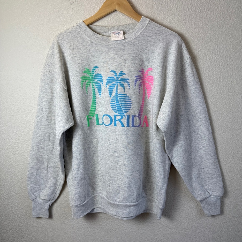 Vintage USA Delta Sweatshirt Mens XL Gray Florida Neon Palm Tree Graphic Crew